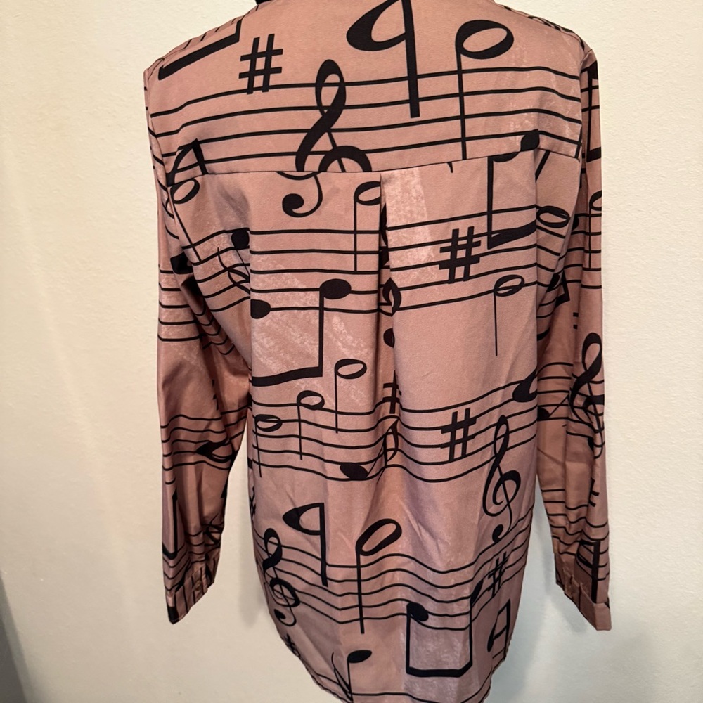 Music Notes tan Long Sleeve Button Up Shirt size L - Picture 3 of 10